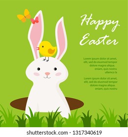Happy Easter background with bunny, little chick, butterflies and green grass, vector illustration. For invitation, banner, flyer, poster