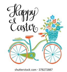 Happy Easter background, calligraphic text. Bicycle, basket of flowers