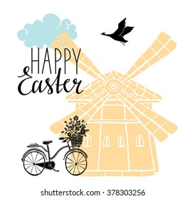 Happy Easter background, calligraphic text. Windmill, bicycle, basket of flowers, cloud, bird