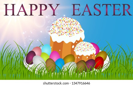 Happy Easter background card with cake and eggs. the illustration on the Passover with Easter cakes and eggs and cherry branch