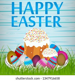 Happy Easter background card with cake and eggs. the illustration on the Passover with Easter cakes and eggs and cherry branch