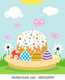 Happy Easter background card with cake and eggs