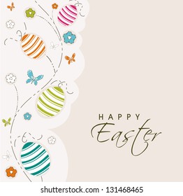 Happy Easter background or card with decorated eggs, butterflies and flowers.