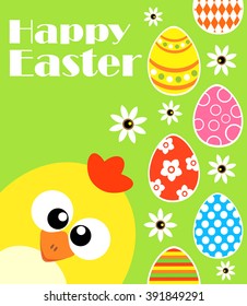 Happy Easter background card with funny chicken, gree