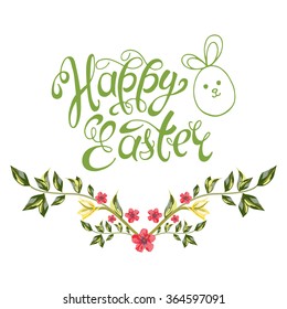 Happy Easter background. Cheerful Rabbit, Calligraphic inscription and Flower. Vector Handmade art. Can be use as poster, banner, congratulation cards and etc. for your design.