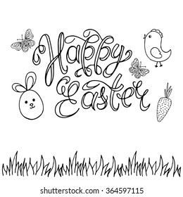 Happy Easter background. Cheerful Rabbit, Chick, Calligraphic inscription and Butterfly. Vector Handmade art. Can be use as poster, banner, congratulation cards and etc. for your design.