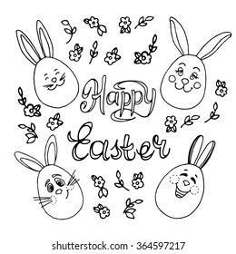 Happy Easter background. Cheerful Rabbits, Calligraphic inscription and Doodle Flowers. Vector Handmade art. Can be use as poster, banner, congratulation cards and etc. for your design.
