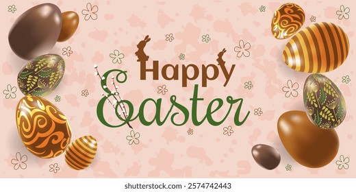 Happy Easter background with easter chocolate eggs. Banner, poster, greeting card. Easter vector illustration in flat style