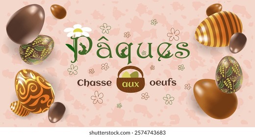 Happy Easter background with Easter chocolate eggs in French,(Pâques). Egg hunt(Chasse aux oeufs) Banner, poster, greeting card. Easter vector illustration in flat style