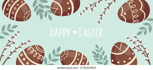 Happy Easter background with chocolate eggs and pussy willow branches. Festive banner for spring holiday.