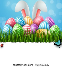 Happy Easter background with colored decorated eggs, insects and bunny ears on blue background