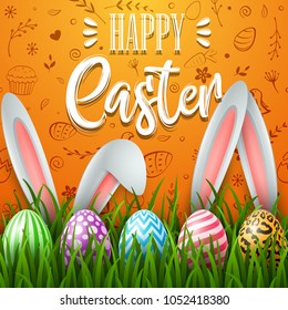 Happy Easter background with colored decorated eggs, and two ears bunny on cute doodle background