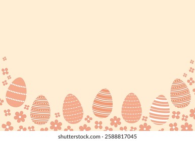 Happy Easter background with colored decorated eggs and flowers. Holiday invitation or greeting card. Vector illustration. Design pattern template. 