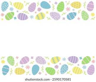 Happy Easter background with colored decorated eggs and flowers. Holiday invitation or greeting card. Vector illustration. Design pattern template.