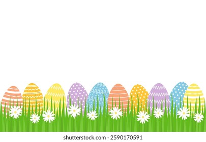 Happy Easter background with colored decorated eggs, daisies, grass. Holiday greeting or invitation card. Vector illustration. Design pattern template.