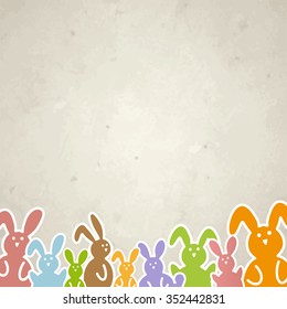 Happy Easter background with colored rabbits on brown grunge pattern