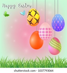 Happy Easter background with colorful decorated eggs, vector illustration eps10