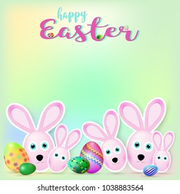 Happy Easter background with colorful decorated eggs and bunnies, vector illustration eps10
