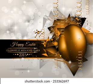 Happy Easter Background with a Colorful Egg with Shadow and greeetings text to use for elegant cards or event invitations or advertisement purposes