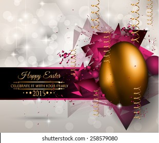 Happy Easter Background with a Colorful Egg with Shadow and greeetings text to use for elegant cards or event invitations or advertisement purposes