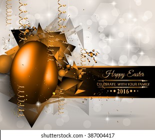 Fröhlicher Osterhintergrund mit buntem Ei mit Schatten und Grußtext, der für elegante Karten, Einladungen zu Veranstaltungen oder Werbezwecken verwendet wird