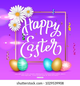 Happy Easter background with colorful eggs and chamomile, vector illustration