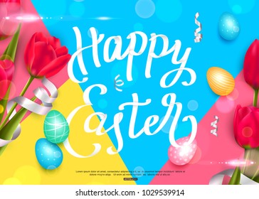Happy Easter background with colorful eggs and red tulips, vector illustration