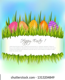 Happy Easter background with colorful eggs in grass and copy space. Vector illustration