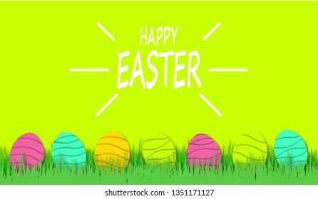 Happy Easter background with colorful eggs in bright green grass. Festive decoration. 3D vector, paper cut style