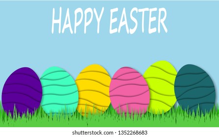 Happy Easter background with colorful eggs in bright green grass. Festive decoration. 3D vector, paper cut style