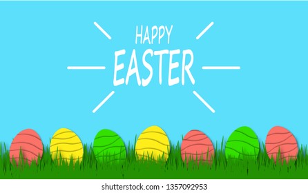 Happy Easter background with colorful eggs in bright green grass. Festive decoration. 3D vector, paper art style