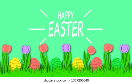 Happy Easter background with colorful eggs and tulips in bright green grass. Festive decoration. 3D vector, paper art style