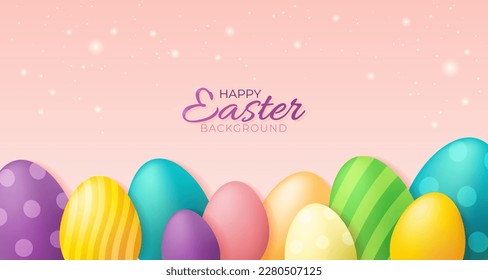 Fröhlicher Osterhintergrund mit bunten Eiern, Text und Töne. 