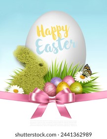 Happy Easter background. Colorful eggs and a rabbit made of green grass on a background of spring flowers and butterfly. Vector