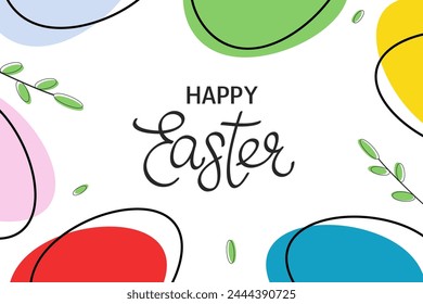 Fondo de Pascua feliz con huevos de colores y ramas verdes. Ilustración vectorial plana minimalista. Estilo boho moderno dibujado a mano. Plantilla para tarjeta, flyer, póster.