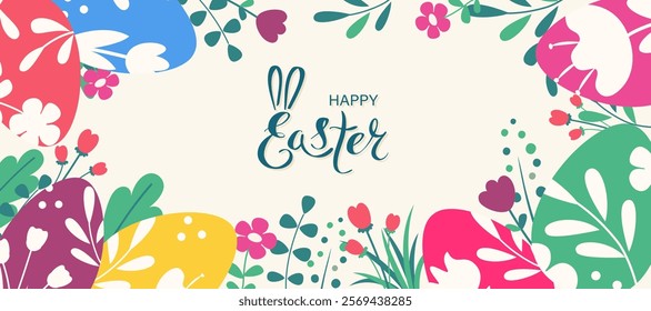 Happy Easter background with colorful eggs and spring flowers. Cute decoration with lettering for banner, card, poster. Vector illustration.
