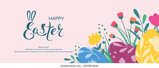 Happy Easter background with colorful eggs and spring flowers. Cute decoration with lettering for banner, card, poster. Vector illustration.
