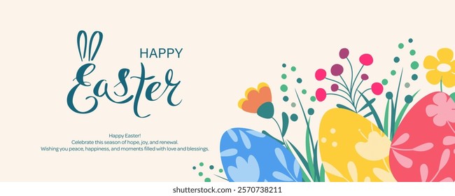 Happy Easter background with colorful eggs and spring flowers. Cute decoration with lettering for banner, card, poster. Vector illustration.
