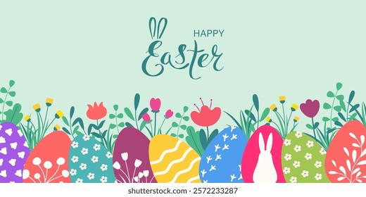 Happy Easter background with colorful eggs and spring flowers. Cute decoration with lettering for banner, card, poster. Vector illustration.
