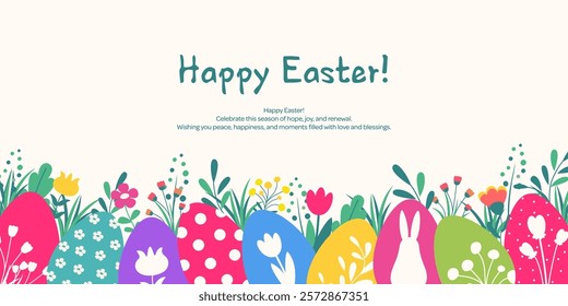 Happy Easter background with colorful eggs and spring flowers. Cute decoration with lettering for banner, card, poster. Vector illustration.
