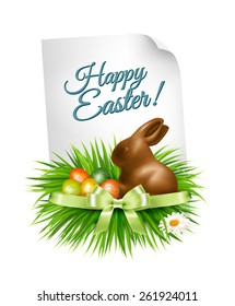 Happy Easter background. Colorful easter eggs and chocolate bunny. Vector.