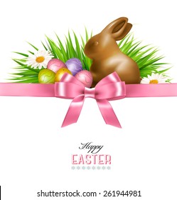 Happy Easter background. Colorful Easter eggs and chocolate bunny. Vector.