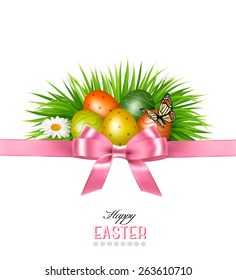 Happy Easter background. Colorful Easter eggs and green grass. Vector.