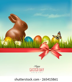 Happy Easter background. Colorful Easter eggs and chocolate bunny. Vector.