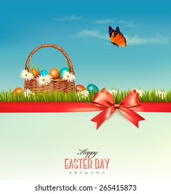 Felices antecedentes de Pascua. Huevos coloridos de Pascua y hierba verde. Vector.
