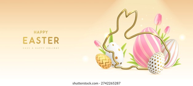 Happy Easter background with colorful easter eggs, golden rabbit silhouette and tulips. Holiday greeting card or poster. Vector illustration