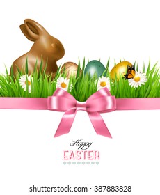 Happy Easter background. Colorful eggs and chocolate bunny. Vector.