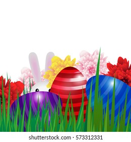 Happy Easter background with colorful eggs, grass, flowers and bunny. Greetings card. Vector illustration