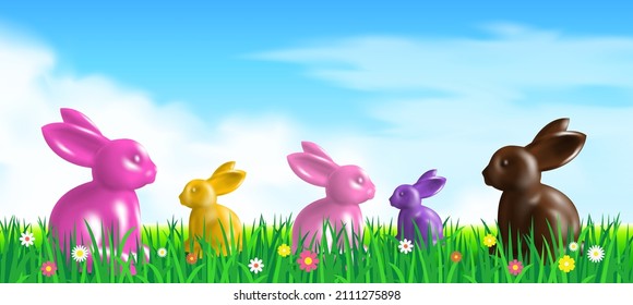 fondo de Pascua feliz con conejos coloridos en la ilustración del vector de césped verde 