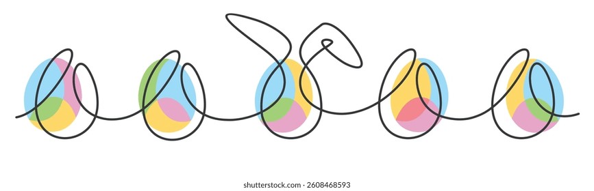 Happy Easter background. Easter continuous handwritten line design with pastel colors Easter rabbit bunny and eggs on white background